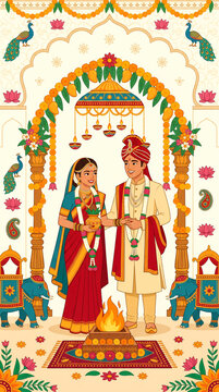 Indian Bride and Groom at Traditional Wedding Ceremony Illustration Invitation template 