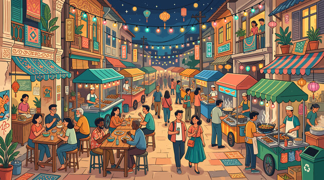 Vibrant night market scene with people dining at street food stalls under festive hanging lights.
