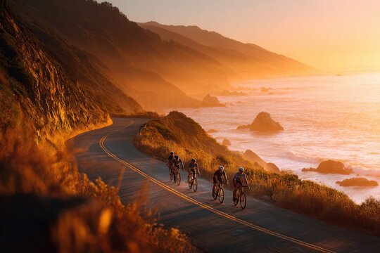 Cyclists ride along a coastal road during sunset with ocean waves crashing against rocks in the background