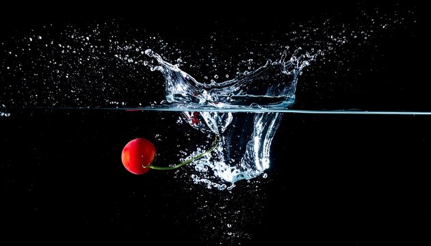 Single red cherry splashing into clear water creating dynamic water splash and droplets on black background, isolated fruit and liquid motion