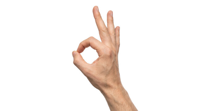 Hand making okay gesture on white background.