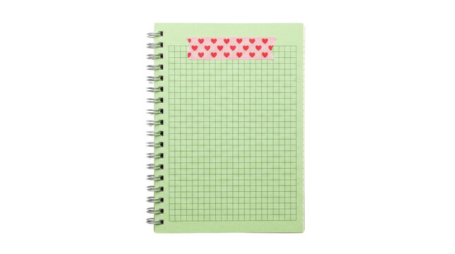 Green grid notebook with red polka dot band.