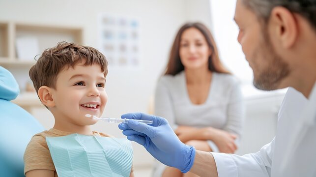 Friendly pediatric dentist applying fluoride treatment to a smiling young child in a modern bright dental clinic office