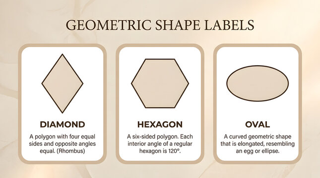Geometric shapes, labels, educational icons, diamond, hexagon, oval, math symbols