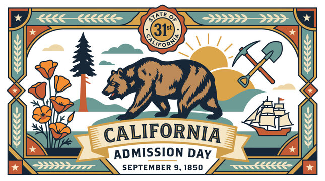Vintage California Admission Day commemorative poster featuring grizzl