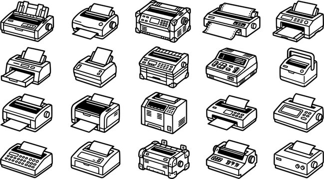 Dot Matrix Printer Icon Set Isolated on White Background, Vintage Office Printing Machine Vector Collection for Technology and Business Design
