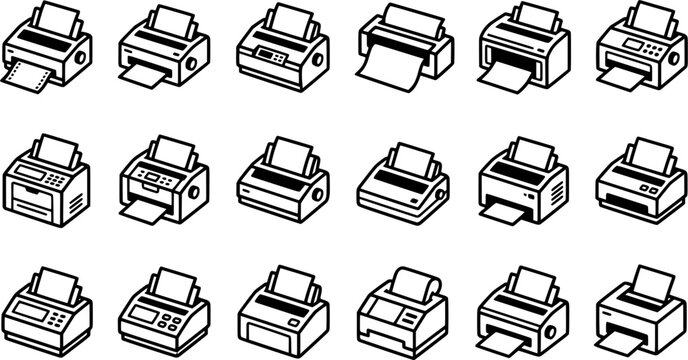 Dot Matrix Printer Icon Set Isolated on White Background, Vintage Office Printing Machine Vector Collection for Technology and Business Design