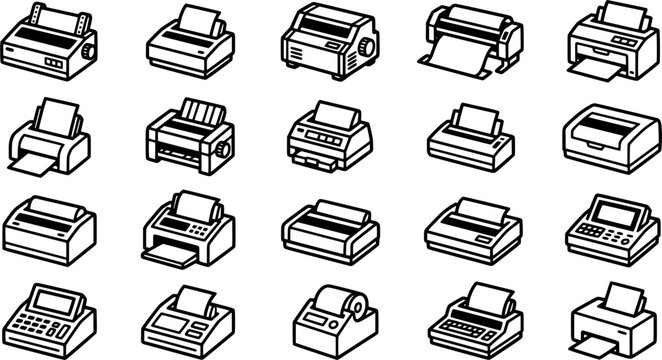 Dot Matrix Printer Icon Set Isolated on White Background, Vintage Office Printing Machine Vector Collection for Technology and Business Design