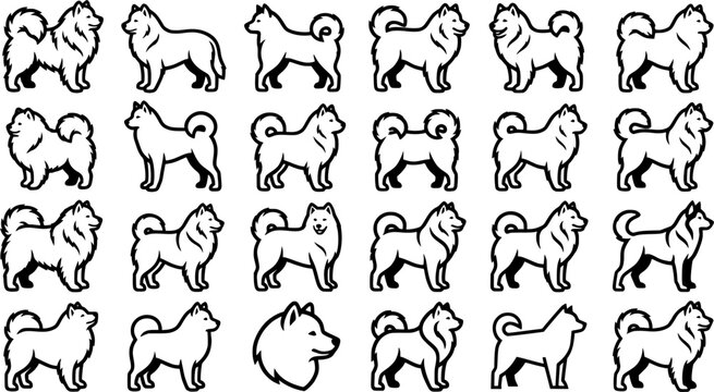 Samoyed Dog Silhouette Icon Set Isolated on White Background, Fluffy Samoyed Breed Vector Collection for Pet, Veterinary and Animal Design