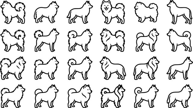 Samoyed Dog Silhouette Icon Set Isolated on White Background, Fluffy Samoyed Breed Vector Collection for Pet, Veterinary and Animal Design