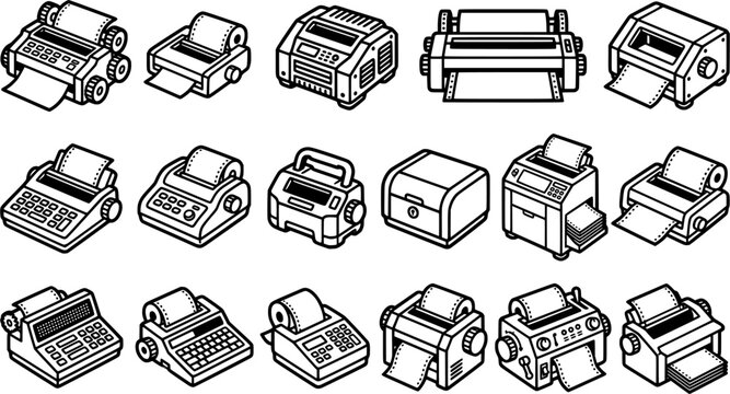 Dot Matrix Printer Icon Set Isolated on White Background, Vintage Office Printing Machine Vector Collection for Technology and Business Design