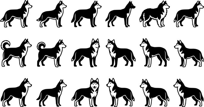 Siberian Husky Dog Silhouette Icon Set Isolated on White Background, Black and White Husky Breed Vector Collection for Pet and Animal Design