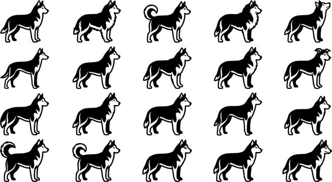 Siberian Husky Dog Silhouette Icon Set Isolated on White Background, Black and White Husky Breed Vector Collection for Pet and Animal Design