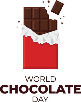 Chocolate bar wrapped in red paper is depicted with broken pieces and crumbs to celebrate World Chocolate Day.