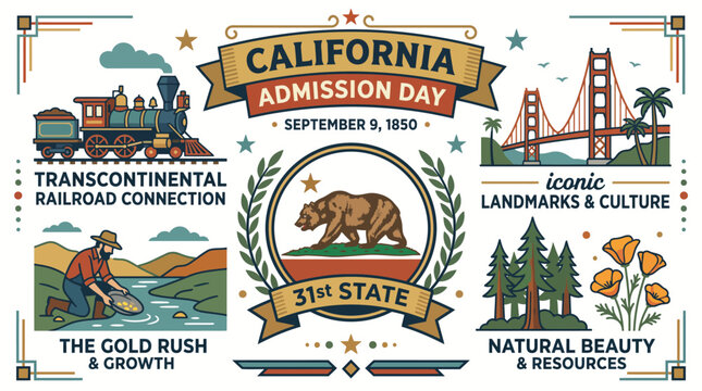 Vintage California Admission Day poster illustration featuring grizzly