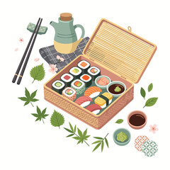 Traditional Japanese Sushi Bento Box Illustration with Nigiri Maki and Chopsticks. © Akun