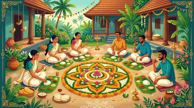 Traditional Onam Festival Celebration with Family Eating Sadya Meal Around Flower Rangoli.
