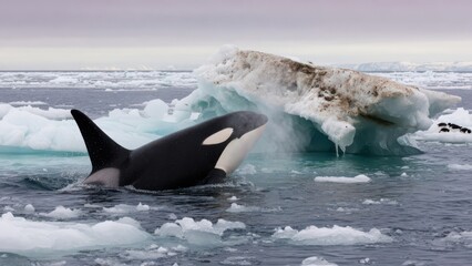 Naklejka premium A magnificent orca whale breaches the frigid waters of the arctic ocean while towering ice formations float peacefully upon the cold sea surface under a dramatic and cloudy polar weather horizon