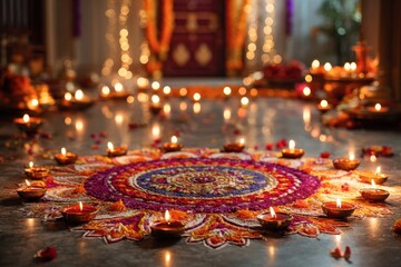 Fototapeta premium Breathtaking Diwali celebration scene with a colorful rangoli design and glowing diyas lighting the festive atmosphere in a decorated home setting