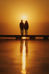 Fototapeta premium Couple stands on a pier at sunset with the sun glowing in the background while the water reflects light