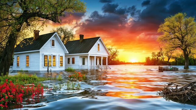 Dramatic Sunset Over Flooded Landscape with Houses and Vibrant Sky Reflected in Rising Water
