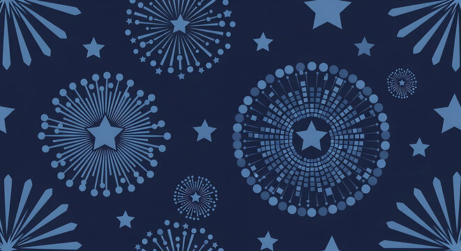 Seamless pattern of blue fireworks bursts and stars on a dark background with seamless fireworks background celebration illustration wallpaper abstract decoration nighttime repeatable