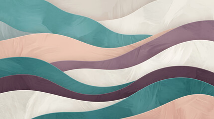 Abstract wavy landscape with organic flowing shapes in teal purple and beige tones. © Saka