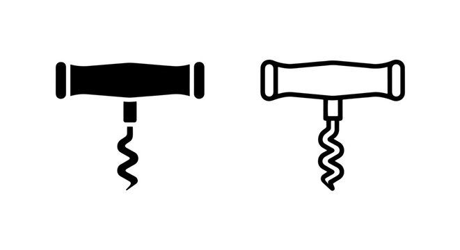 Corkscrew bottle opener solid and outline icon set with corkscrew