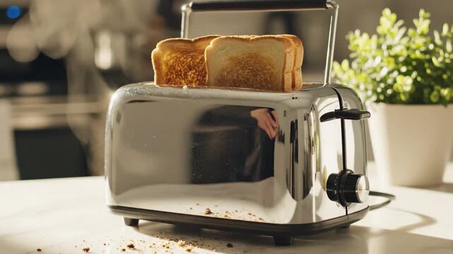 Two Slices Golden Toast On Toaster Sunlit Kitchen Countertop Stainless Metal Toaster Pops With Crumbs Scattering Warm Glow Potted Plant In Background Slow Motion Closeup Showing Browning Steam