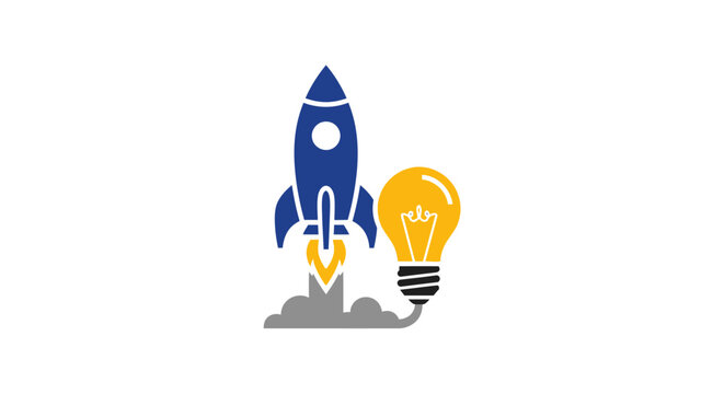 Blue rocket launching with yellow flames and gray smoke on white background, vector illustration, concept of startup, travel, future