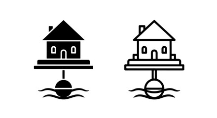 Floating house on buoy icon set in black and white line art © MdDelowar
