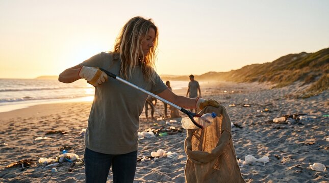 A female volunteer collecting plastic bottles from a sandy beach using a litter picker tool during a bright sunset.
