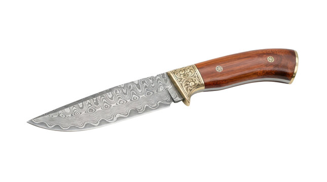 Damascus steel knife with wooden handle and gold accents isolated on transparent background