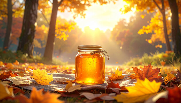 Jar of honey on autumn leaves with sunlight and forest background