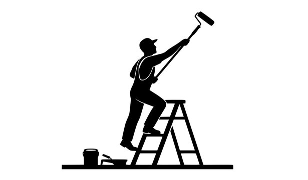 Black silhouette decorator painting wall with extension roller and ladder vector illustration isolated