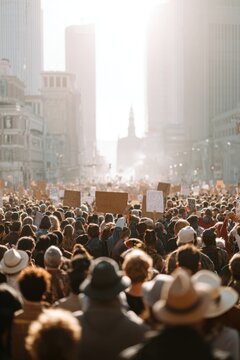 Gathering of people at a peace protest in a city street during the day with signs and banners held by participants
