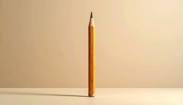 Single sharpened pencil standing upright on light beige surface with shadow