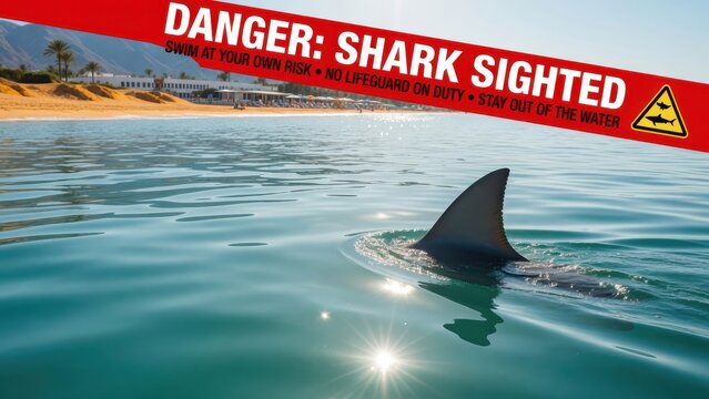 A prominent warning sign notifies beachgoers of a predator presence as a fin emerges above the ocean surface near a sandy coastline while sunlight glistens across the calm and turquoise tropical