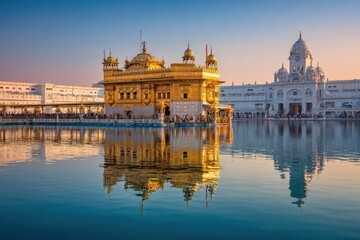 Fototapeta premium Golden Temple Harmandir Sahib seen in sacred pool with reflection and surroundings before sunset in Amritsar, Punjab