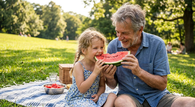 Cheerful grandfather and granddaughter enjoying a picnic in nature, eating juicy watermelon on a sunny day.