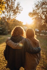 Fototapeta premium People walk together in a park with arms around each other during sunset as the sun shines bright in the background while trees surround them in autumn colors