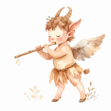 Cute baby faun playing a flute with wings and horns.
