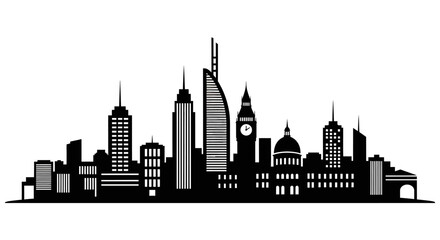 Obraz premium Black Silhouette of a Modern City Skyline with Diverse Skyscrapers Against a White Background