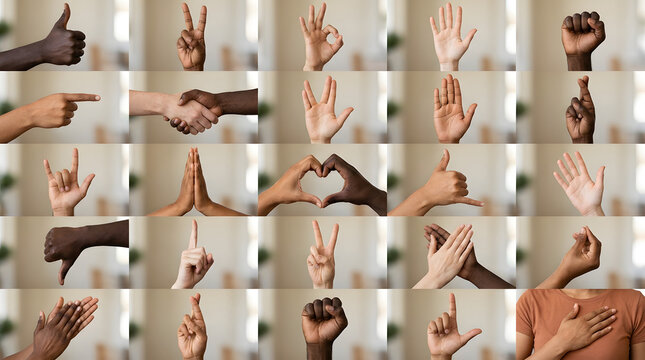Diverse hands gestures, various sign language, hand signs, communication symbols