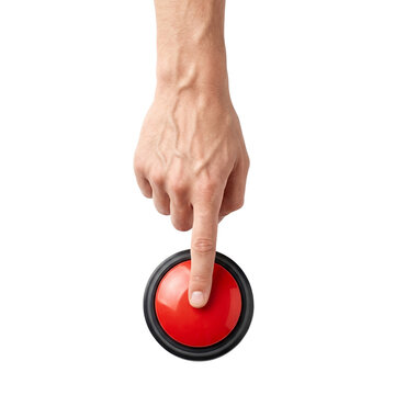 Hand Pressing Big Red Button, Decision Making Concept, Isolated on White