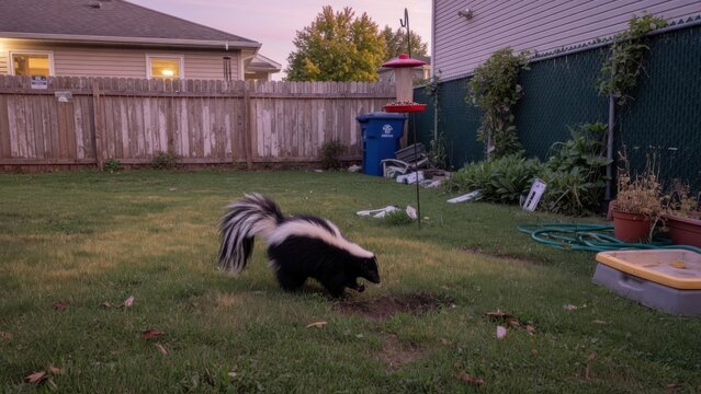 A striped skunk walks across a residential backyard lawn during the evening hours foraging for food near a wooden fence while houses are visible in the neighborhood during the twilight sun cycle