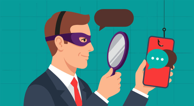 Cyber criminal in mask using magnifying glass to spy on smartphone messages in mobile phishing scam.