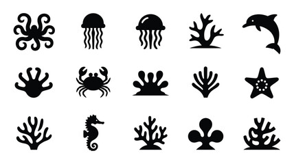 Stylish black and white marine wildlife icons showcase diverse underwater creatures and sea plants in modern silhouette design © Somiran