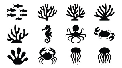 Minimalist black and white underwater marine life icons showcasing diverse sea creatures and coral reef elements for educational © Somiran