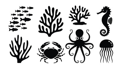 Elegant black and white vector illustration of underwater marine life featuring fish seahorse octopus jellyfish crab coral © Somiran